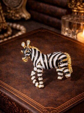 Vintage 80s Zebra Brooch Gold Tone Black White Enamel Rhinestone Animal Pin